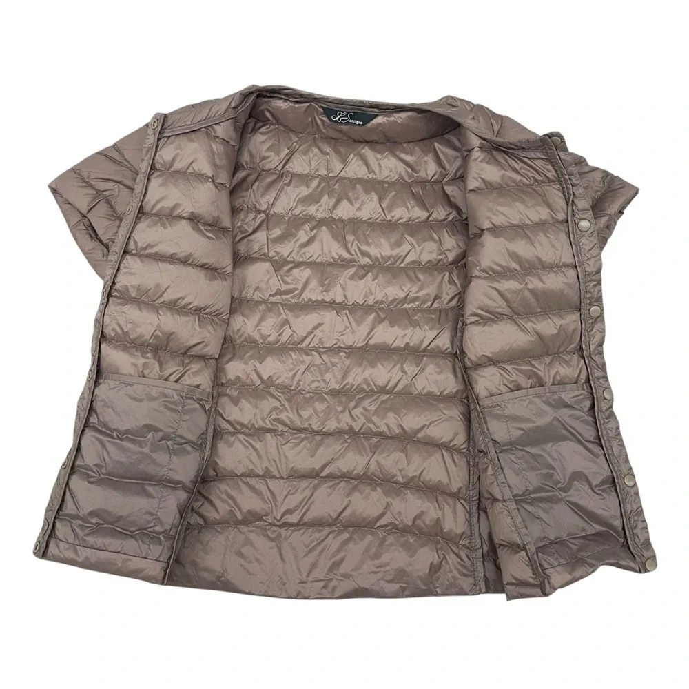 LS DESIGNS Taupe Down Filled Short Sleeve Puffer Jacket Snap Closure Lightweight